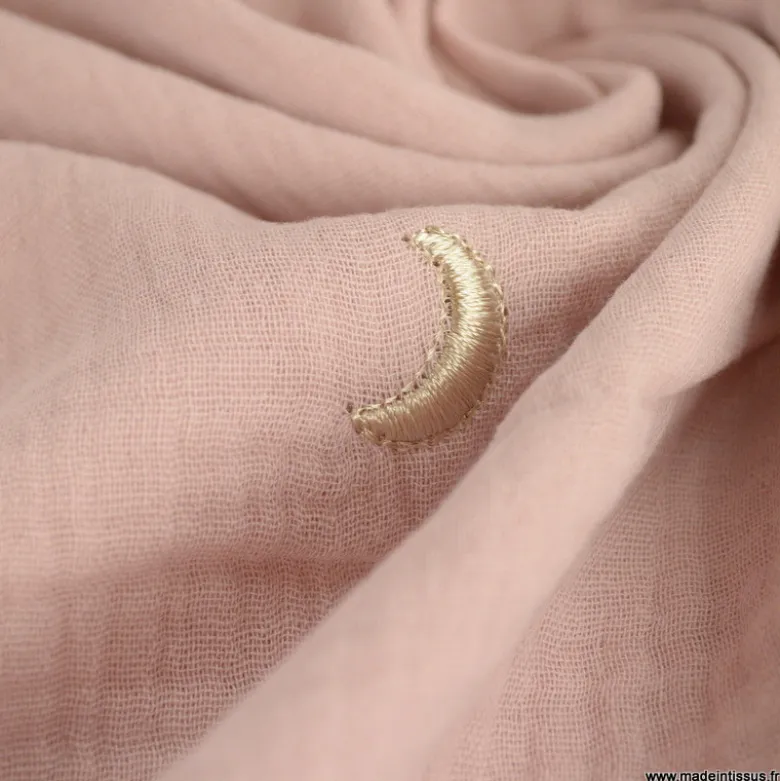 Tissu Double gaze brodée lunes et étoiles fond rose pale - OEKO TEX