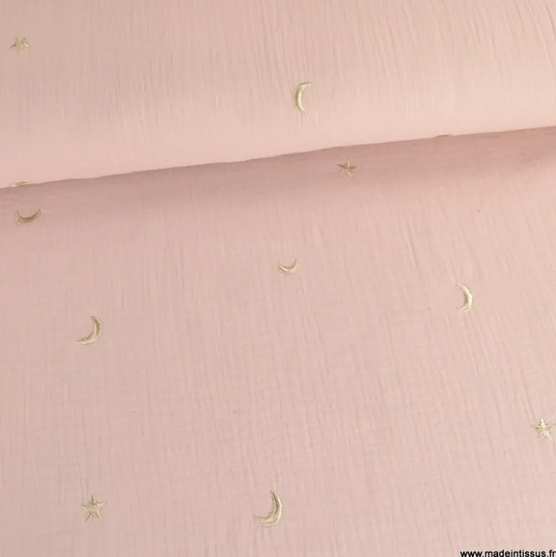 Tissu Double gaze brodée lunes et étoiles fond rose pale - OEKO TEX