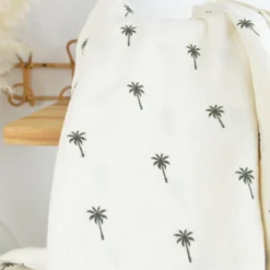 Tissu Double gaze brodée palmiers kaki fond écru - OEKO TEX
