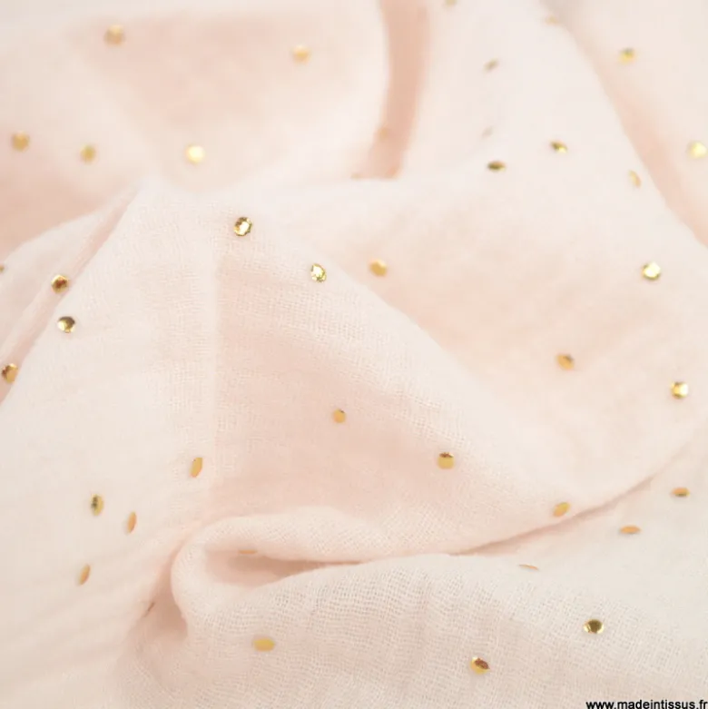 Tissu Double gaze coton Glitter à pois or coloris rose morganite - OEKO TEX