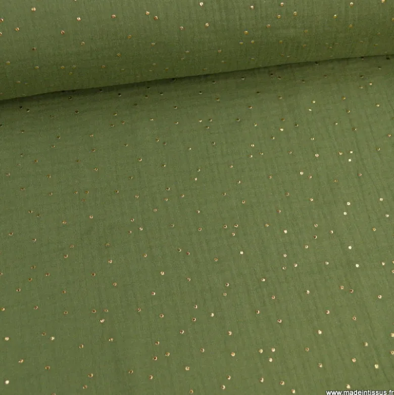 Tissu Double gaze coton Glitter à pois or coloris vert fougère - OEKO TEX