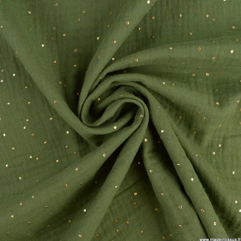 Tissu Double gaze coton Glitter à pois or coloris vert fougère - OEKO TEX