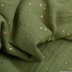 Tissu Double gaze coton Glitter à pois or coloris vert fougère - OEKO TEX