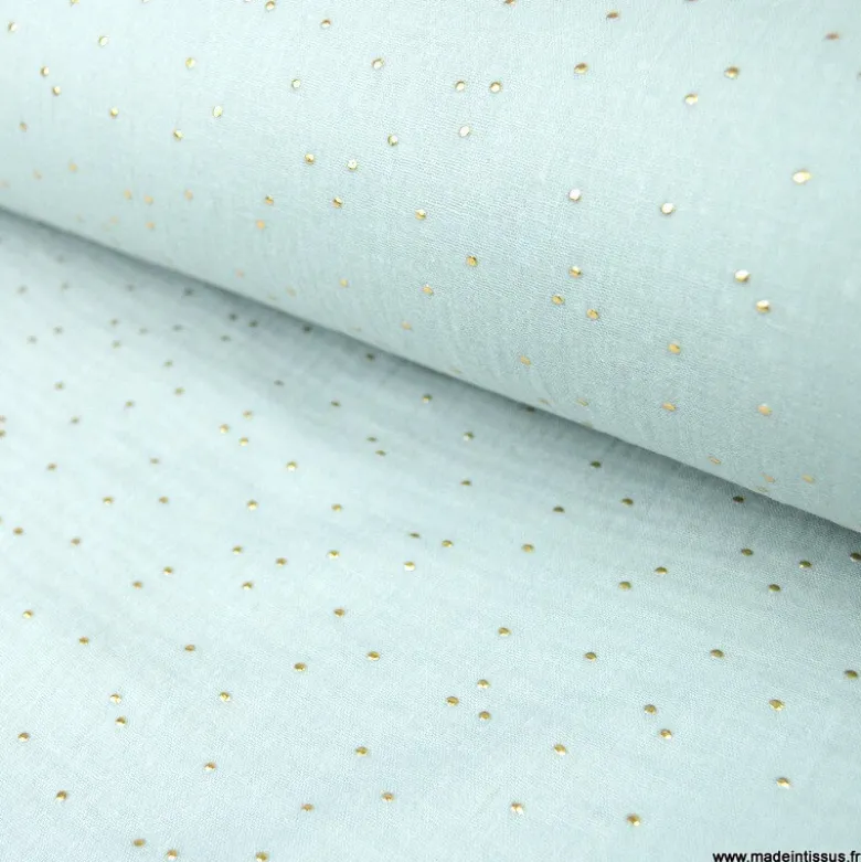 Tissu Double gaze coton Glitter à pois or coloris vert de gris - OEKO TEX