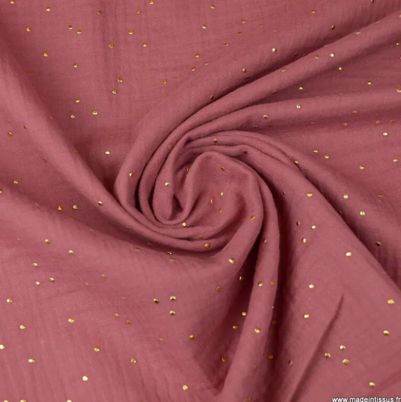 Tissu Double gaze coton Glitter à pois or coloris Framboise - OEKO TEX