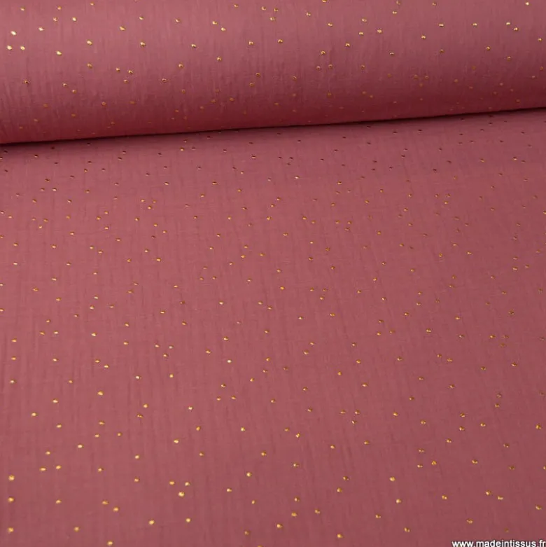 Tissu Double gaze coton Glitter à pois or coloris Framboise - OEKO TEX