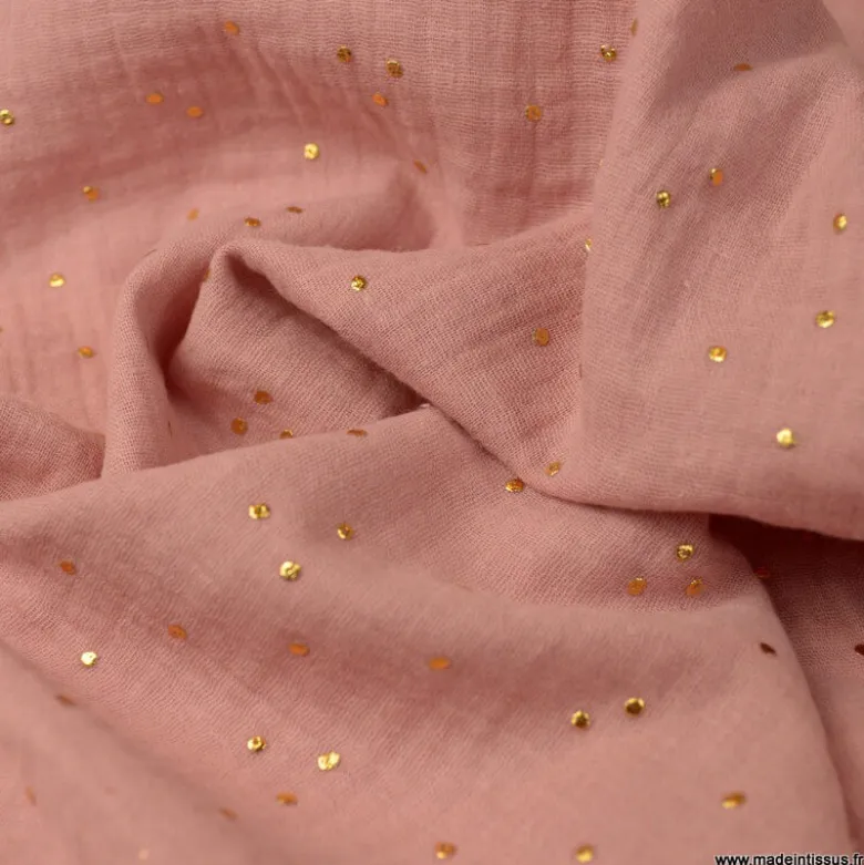 Tissu Double gaze coton Glitter à pois or coloris Rose Thé - OEKO TEX