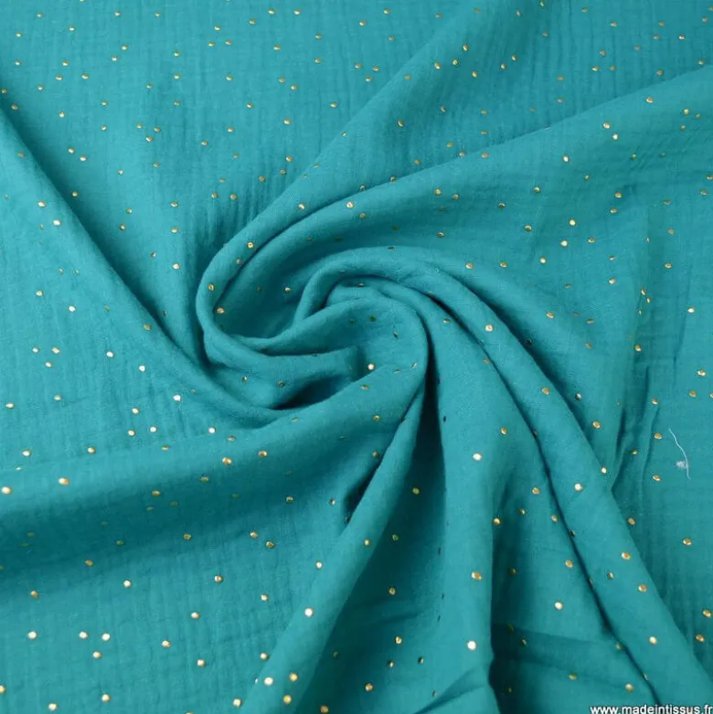 Tissu Double gaze coton Glitter à pois OR coloris Emeraude - OEKO TEX