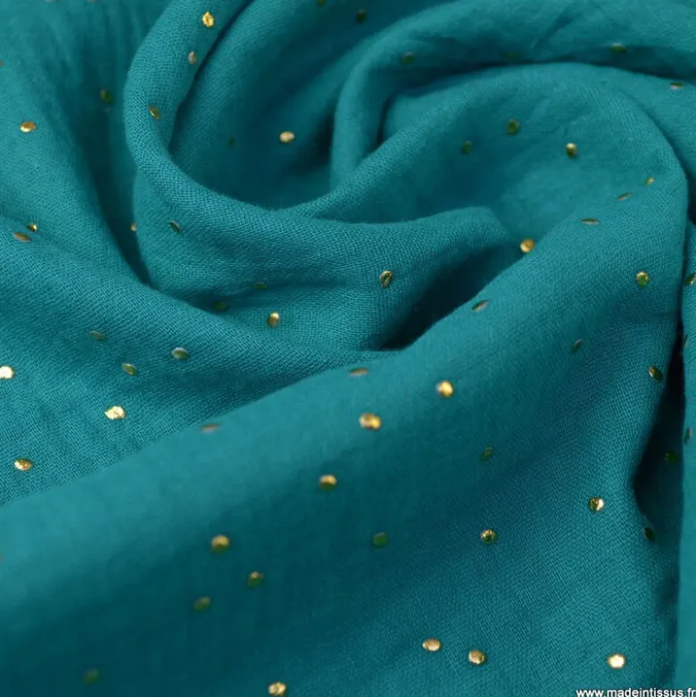 Tissu Double gaze coton Glitter à pois OR coloris Emeraude - OEKO TEX