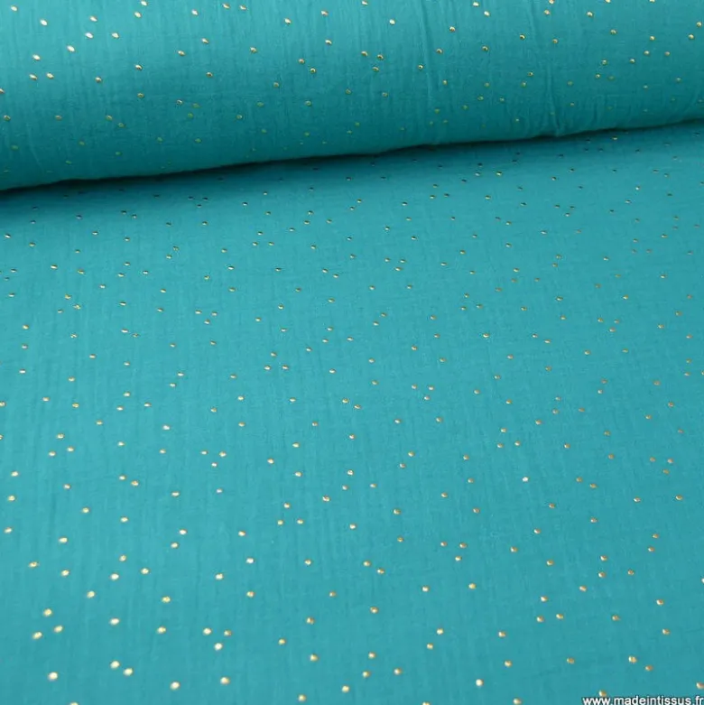 Tissu Double gaze coton Glitter à pois OR coloris Emeraude - OEKO TEX