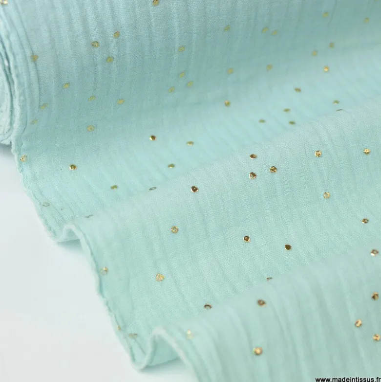 Tissu Double gaze coton Glitter à pois OR coloris menthe clair - OEKO TEX