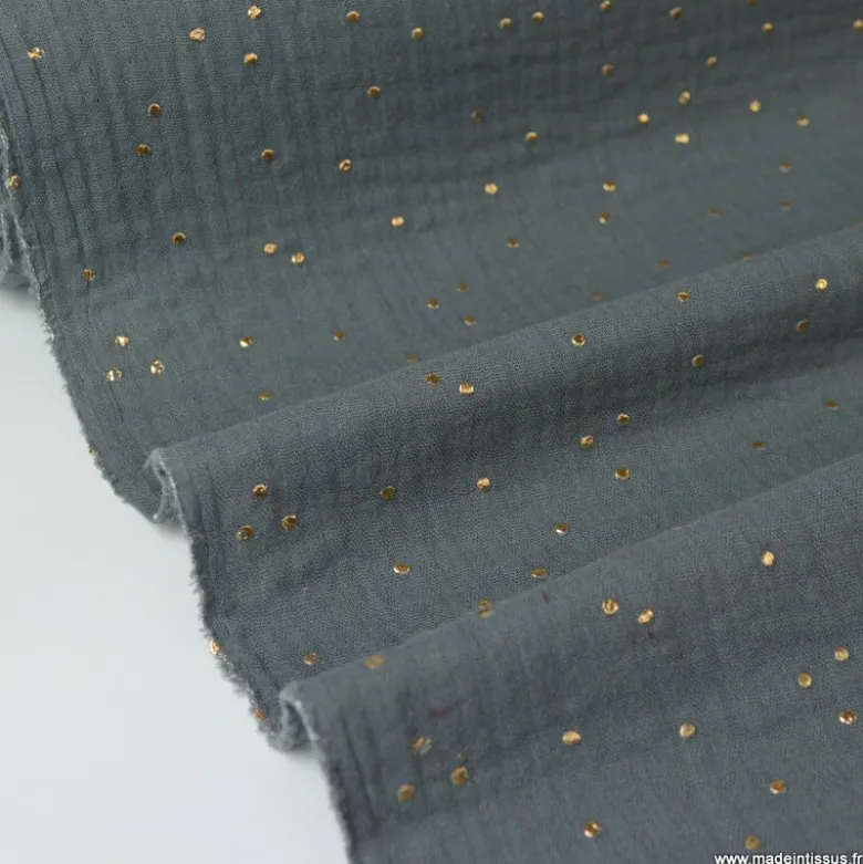 Tissu Double gaze coton Glitter à pois OR coloris GRIS FONCE - OEKO TEX