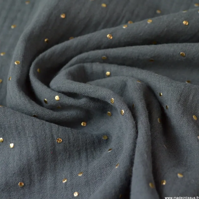 Tissu Double gaze coton Glitter à pois OR coloris GRIS FONCE - OEKO TEX