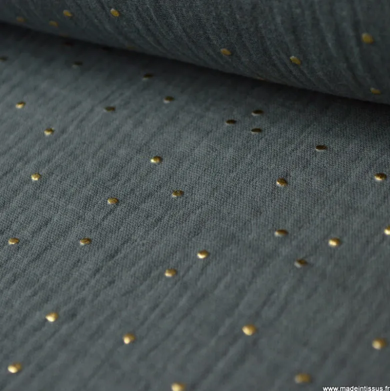 Tissu Double gaze coton Glitter à pois OR coloris GRIS FONCE - OEKO TEX