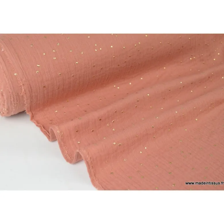 Tissu Double gaze coton Glitter à pois OR coloris Marsala - OEKO TEX