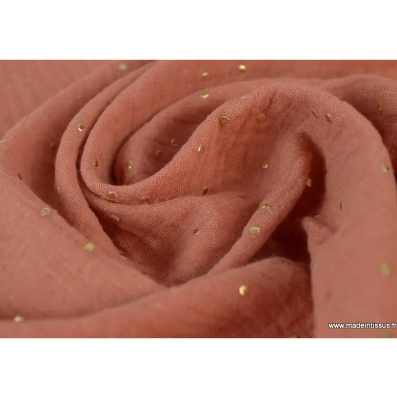 Tissu Double gaze coton Glitter à pois OR coloris Marsala - OEKO TEX