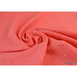 Tissu Double gaze coton Glitter à pois OR coloris corail - OEKO TEX