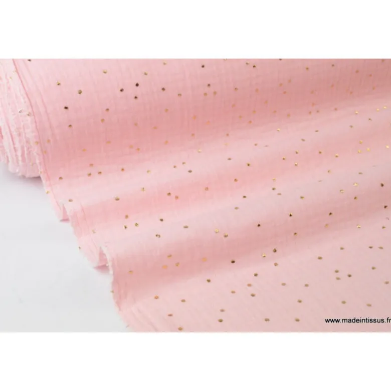 Tissu Double gaze coton Glitter à pois OR coloris ROSE BLUSH - OEKO TEX