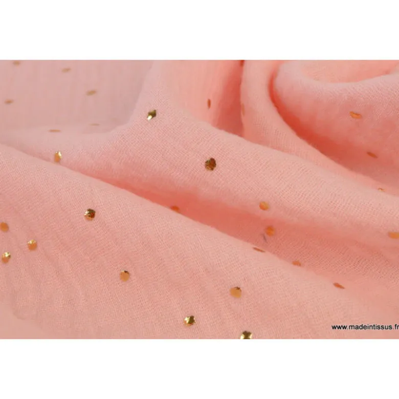 Tissu Double gaze coton Glitter à pois OR coloris ROSE BLUSH - OEKO TEX