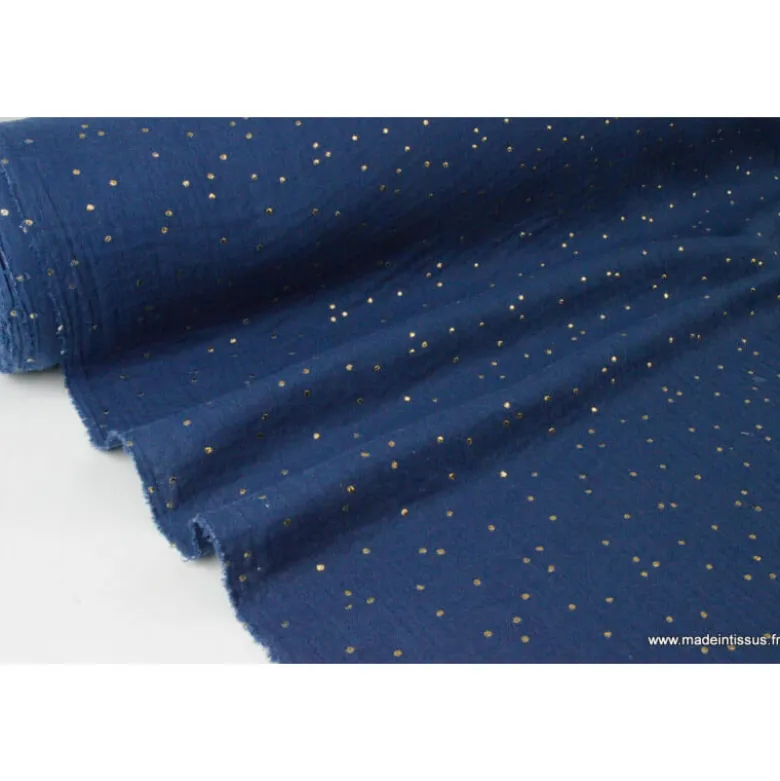 Tissu Double gaze coton Glitter à pois OR coloris INDIGO - OEKO TEX