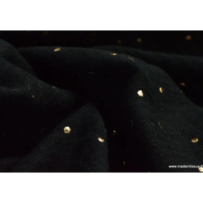 Tissu Double gaze coton Glitter à pois OR coloris NOIR - OEKO TEX