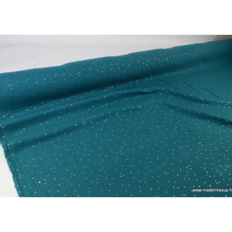 Tissu Double gaze coton Glitter à pois OR coloris Paon - OEKO TEX