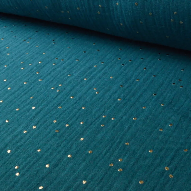 Tissu Double gaze coton Glitter à pois OR coloris Paon - OEKO TEX