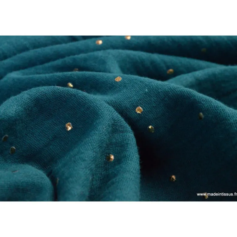 Tissu Double gaze coton Glitter à pois OR coloris Paon - OEKO TEX