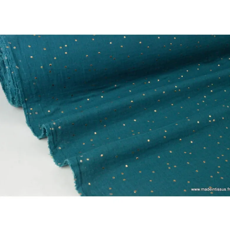 Tissu Double gaze coton Glitter à pois OR coloris Paon - OEKO TEX