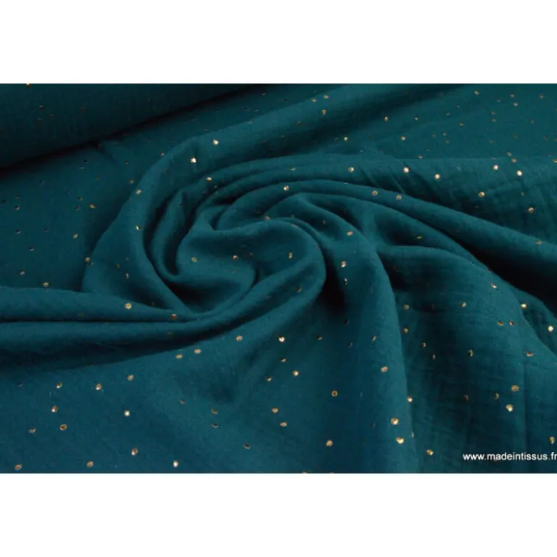 Tissu Double gaze coton Glitter à pois OR coloris Paon - OEKO TEX