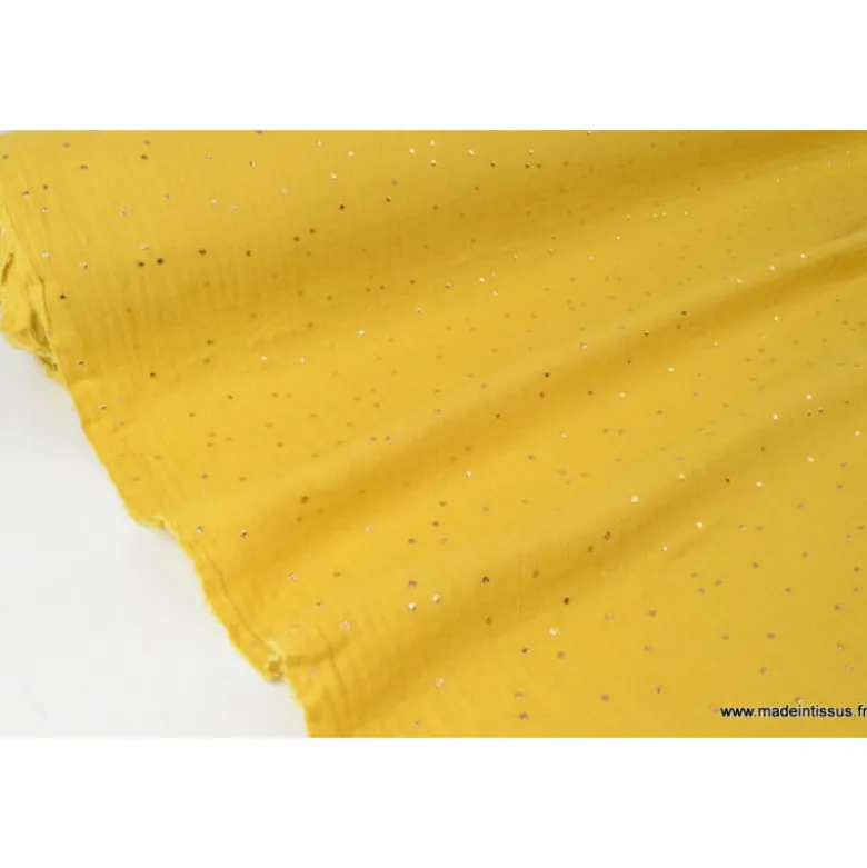 Tissu Double gaze coton Glitter à pois OR coloris MOUTARDE - OEKO TEX