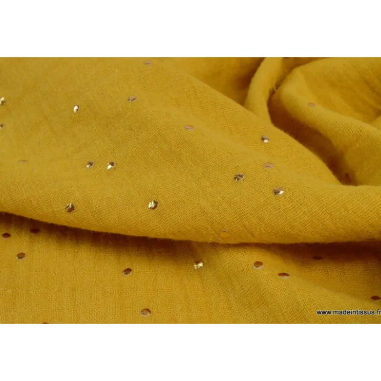 Tissu Double gaze coton Glitter à pois OR coloris MOUTARDE - OEKO TEX