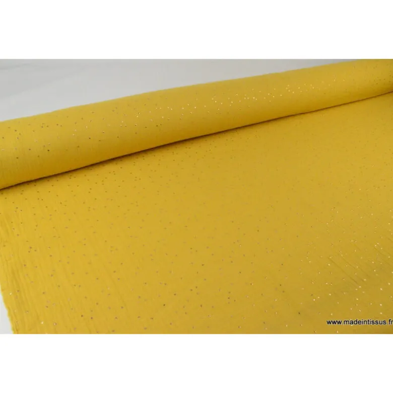 Tissu Double gaze coton Glitter à pois OR coloris MOUTARDE - OEKO TEX