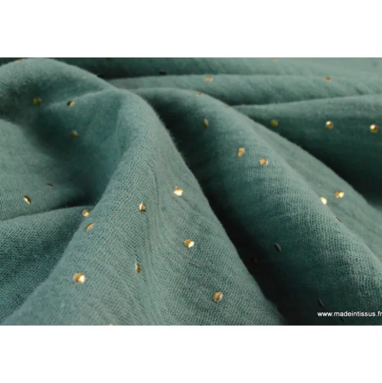 Tissu Double gaze coton Glitter à pois OR coloris Eucalyptus - OEKO TEX