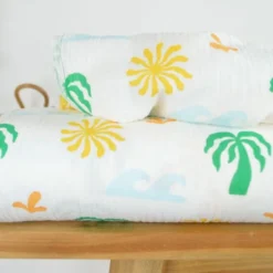Tissu Double gaze coton motif palmiers verts et jaunes - OEKO TEX