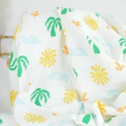 Tissu Double gaze coton motif palmiers verts et jaunes - OEKO TEX