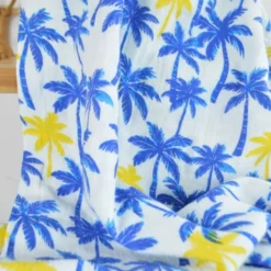 Tissu Double gaze coton motif palmiers bleus et jaunes - OEKO TEX