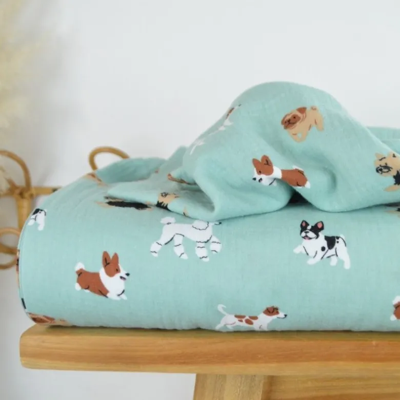 Tissu Double gaze coton motif chiens fond vert - OEKO TEX