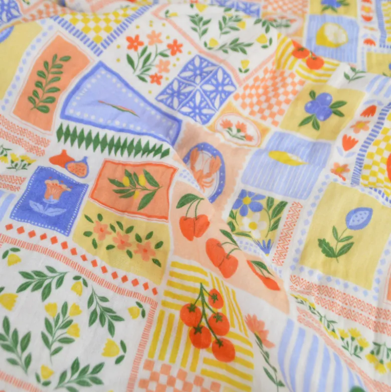 Tissu Double gaze coton Solea Bleu fond blanc - OEKO TEX