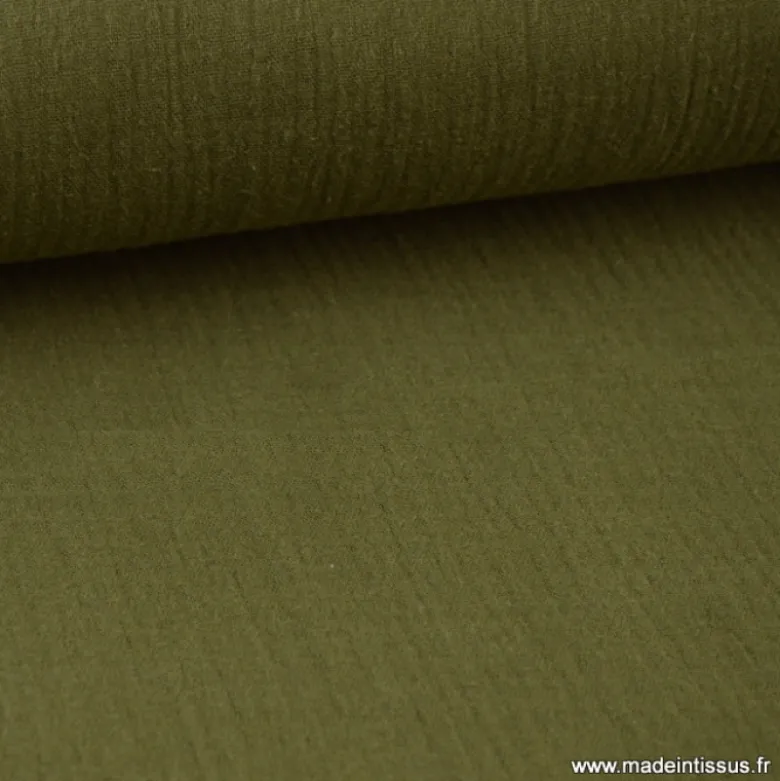 Tissu Double gaze coton vert kaki - OEKO TEX