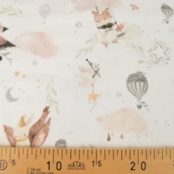 Tissu double gaze de coton Alya Oeko-Tex animaux & nuages fond blanc