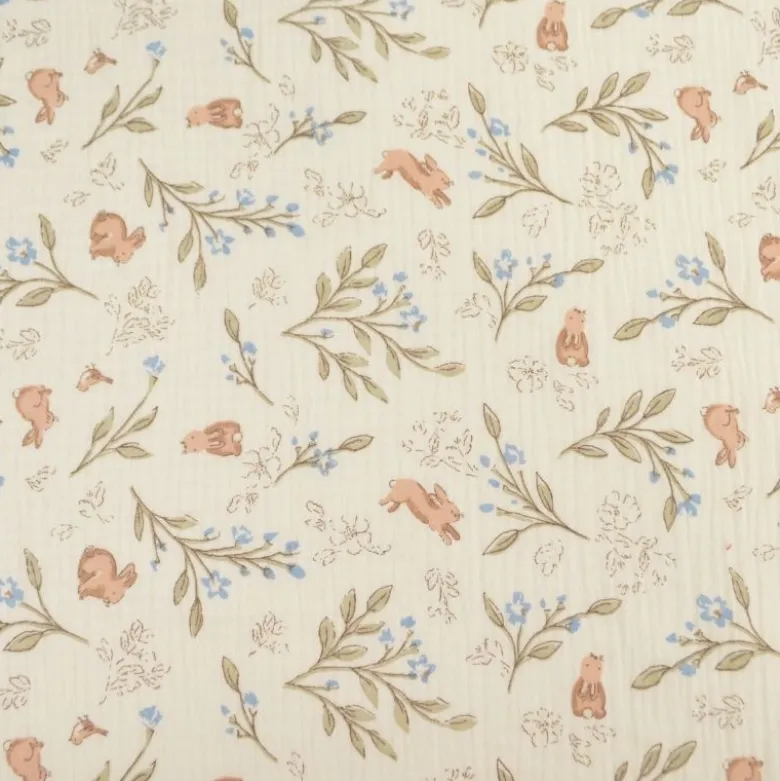 Tissu double gaze de coton Ariella lapins & feuillage fond écru