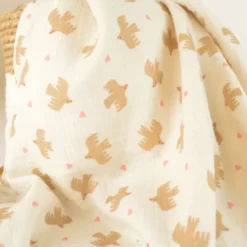 Tissu double gaze de coton Bio Poppy motif oiseaux fond Ecru