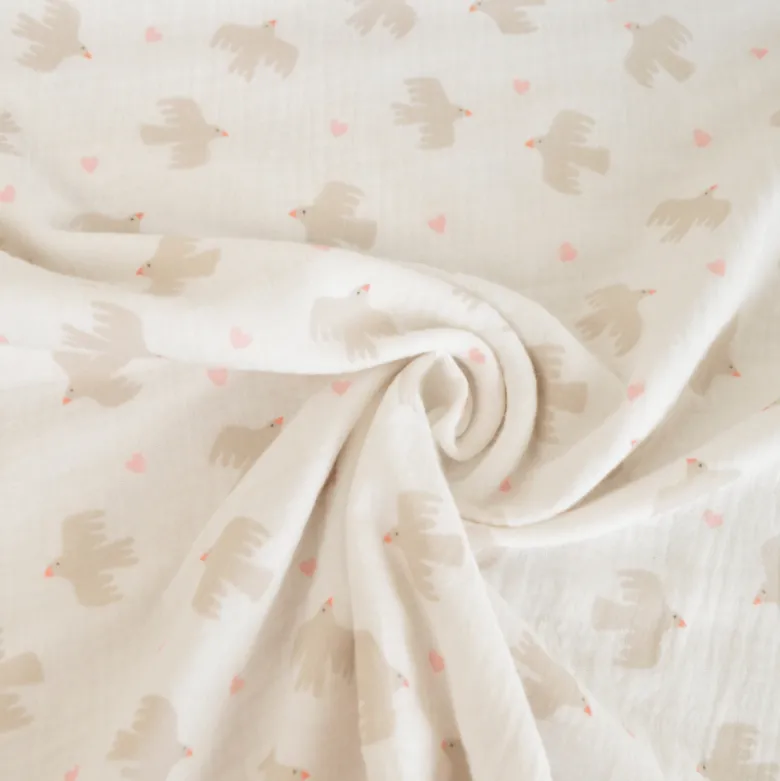 Tissu double gaze de coton Bio Poppy motif oiseaux fond Blanc