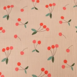 Tissu double gaze de coton Clafoutis motif cerises fond skin
