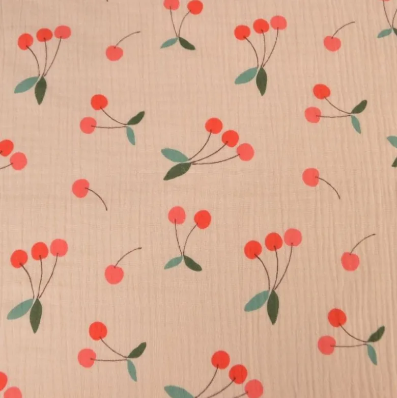Tissu double gaze de coton Clafoutis motif cerises fond skin