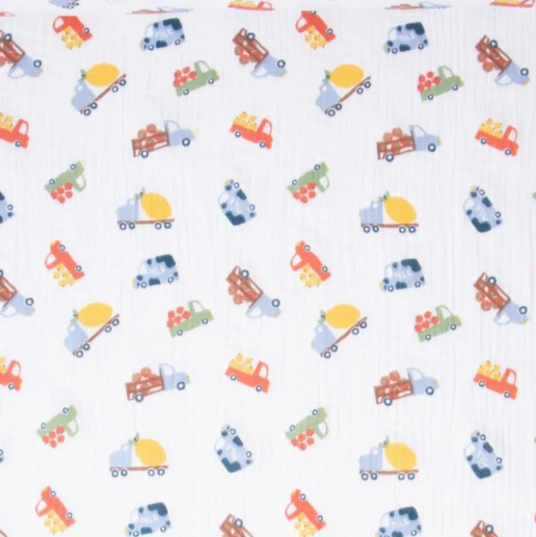 Tissu double gaze de coton Fresh motif camions bleus