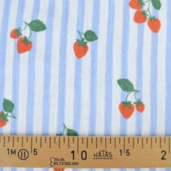Tissu double gaze de coton Gariguette motif fraises et rayures bleues