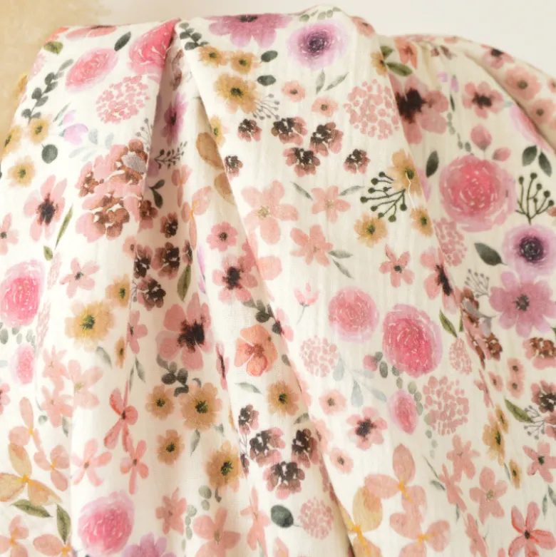 Tissu double gaze de coton Hortense Oeko-Tex fleurs violettes fond écru