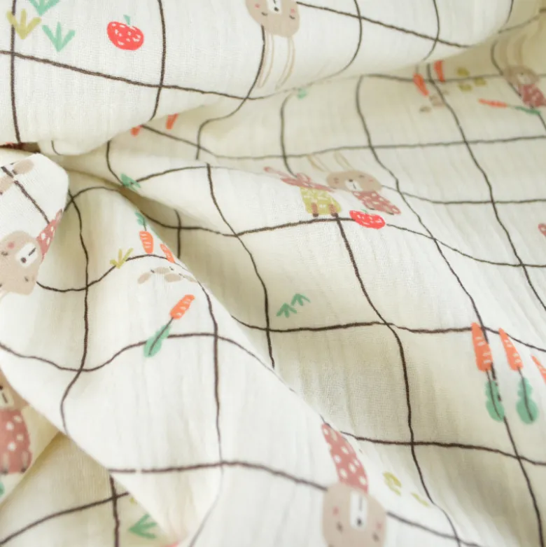 Tissu double gaze de coton Ilyes motif lapins et carreaux
